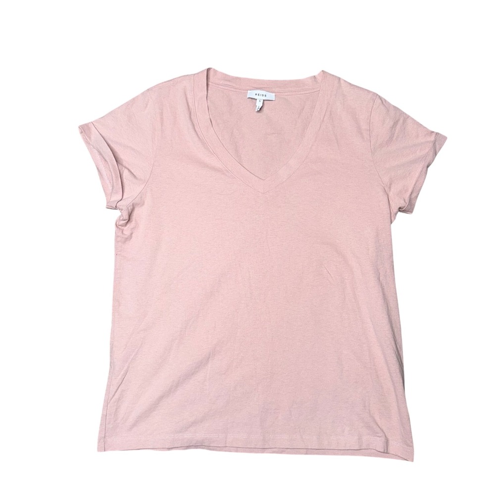 Reiss V-Neck T-Shirt Women Small Pink Excellent Rolled Sleeve Cotton Tee